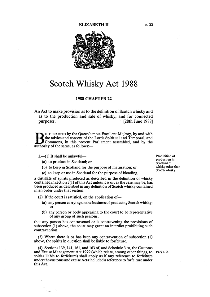 première page du whisky act qui organise la production de whisky ecossais